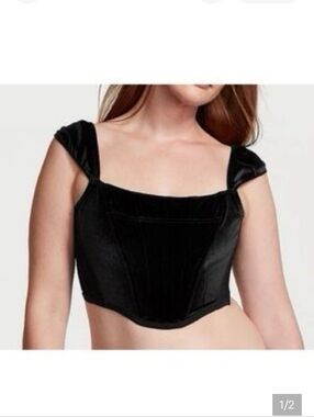 Victoria's Secret Black Velvet Bustier Structured Adjustable Crop Top MedDD NWOT